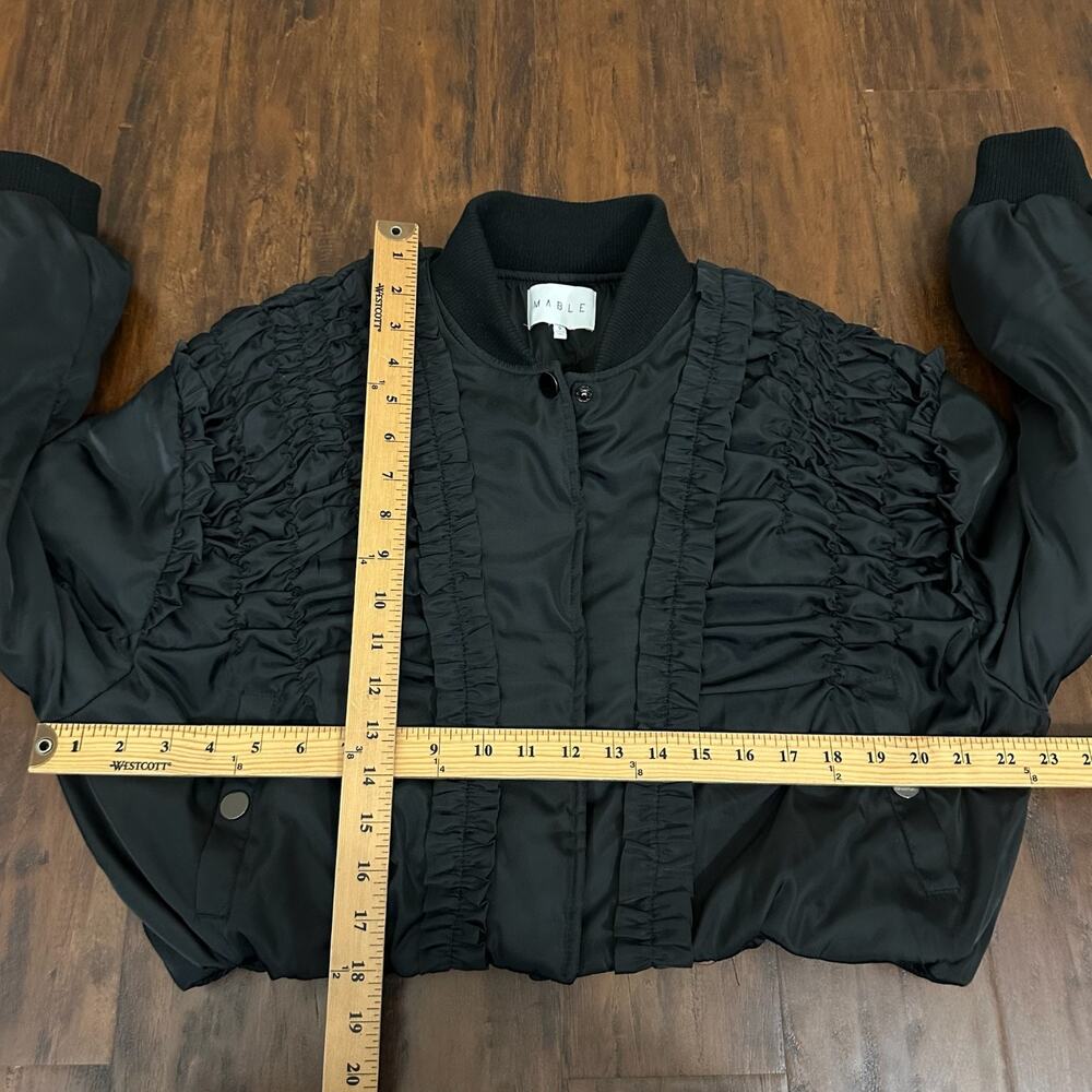 MABLE Bomber Jacket Black Lined Ruched Ruffled Cropped Relaxed Fit - Picture 11 of 11